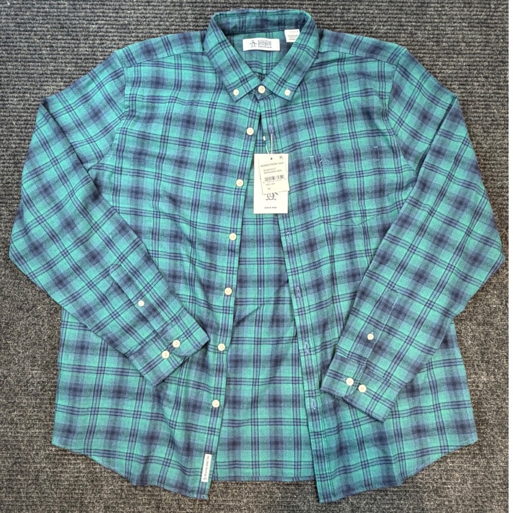 Original Penguin Mens Plaid Flannel Shirt Sargasso Sea Teal Blue XL OCWF2517